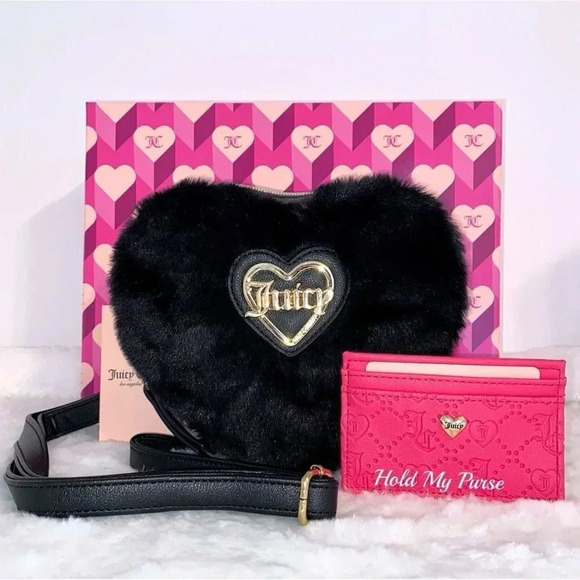 Juicy Couture Faux Fur Black Heart Crossbody Bag & Pink Card Case Wallet Set - Picture 10 of 11